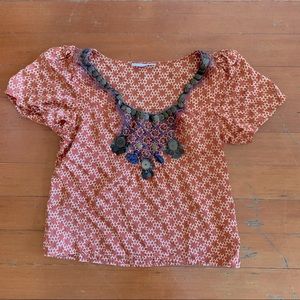 Corey Lynn Calter 100% Silk Embroidered Coin Tribal Far East Blouse Size 8